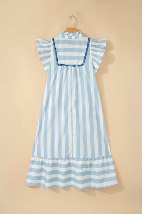 Striped Lace Detail Ruffle Trim A Line Maxi Dress