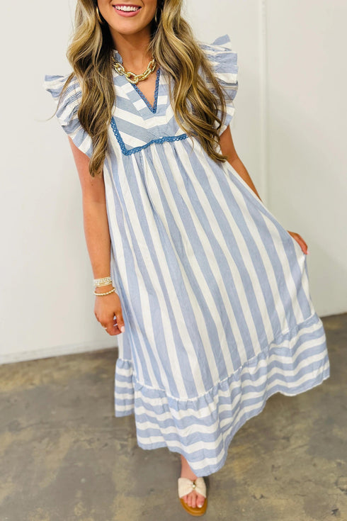Striped Lace Detail Ruffle Trim A Line Maxi Dress