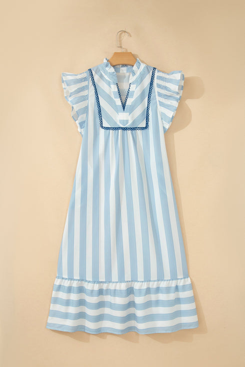 Striped Lace Detail Ruffle Trim A Line Maxi Dress