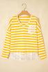 Striped Lace Patchwork V Neck Cotton Long Sleeve Top
