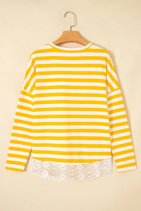 Striped Lace Patchwork V Neck Cotton Long Sleeve Top