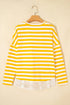 Striped Lace Patchwork V Neck Cotton Long Sleeve Top