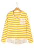 Striped Lace Patchwork V Neck Cotton Long Sleeve Top