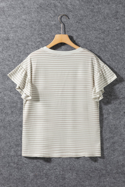 Striped Lace Splicing Ruffle Sleeve Knit T-Shirt