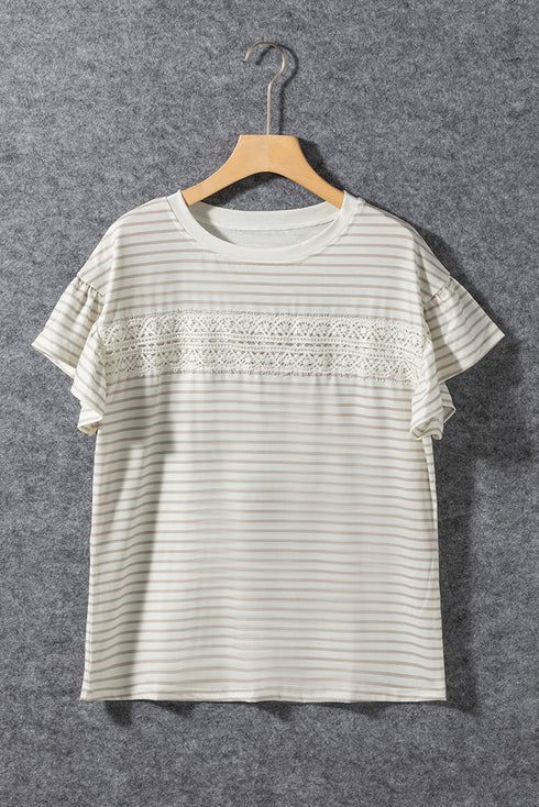 Striped Lace Splicing Ruffle Sleeve Knit T-Shirt