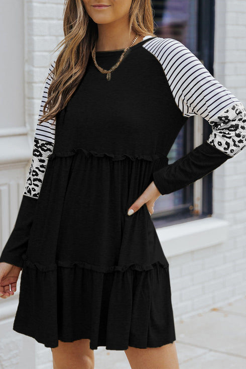 Striped Leopard Patchwork Long Sleeve Mini Dress