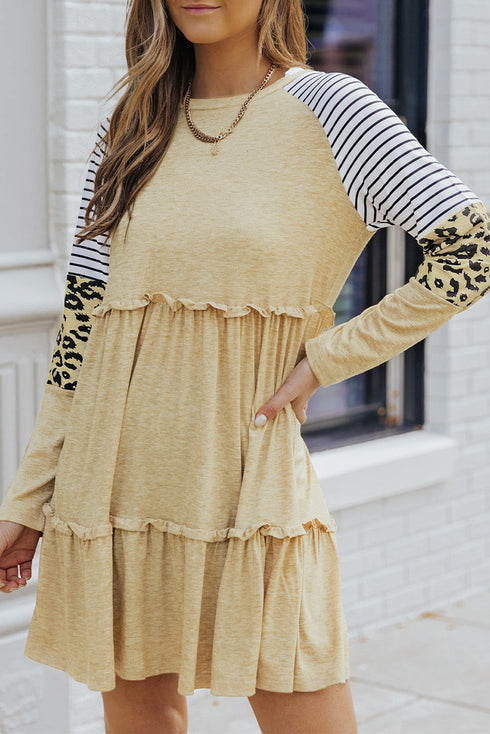 Striped Leopard Patchwork Long Sleeve Mini Dress