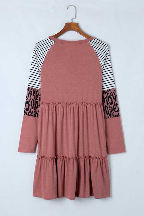 Striped Leopard Patchwork Long Sleeve Mini Dress