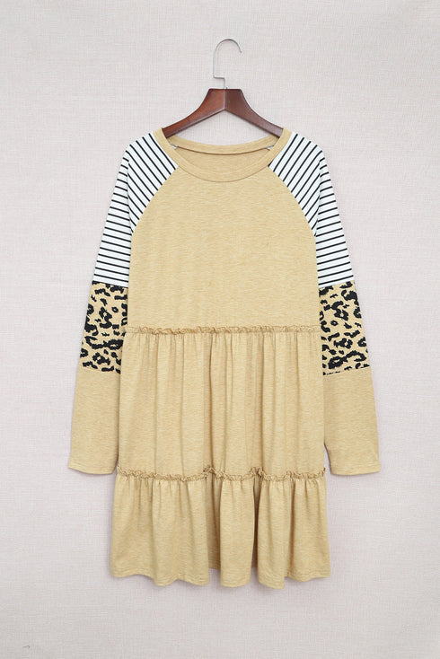 Striped Leopard Patchwork Long Sleeve Mini Dress