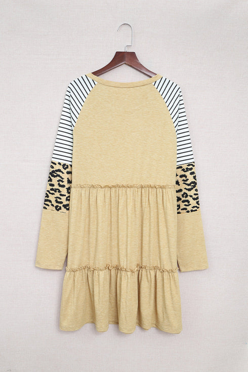 Striped Leopard Patchwork Long Sleeve Mini Dress