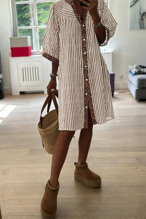 Striped Leopard Patchwork Western Bracelet Sleeve Shirt Mini Dress