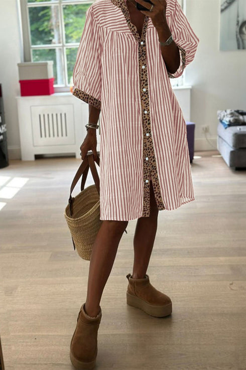 Striped Leopard Patchwork Western Bracelet Sleeve Shirt Mini Dress