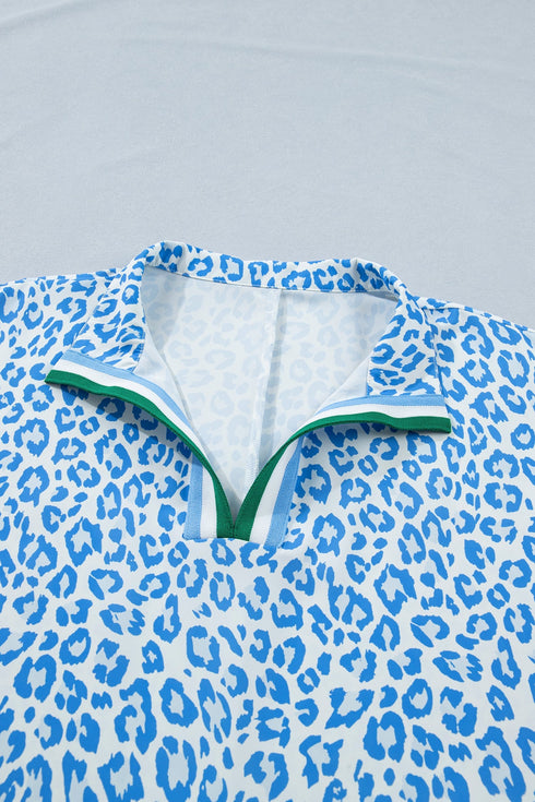 Striped Leopard Print V Neckline Half Sleeve Western Blouse