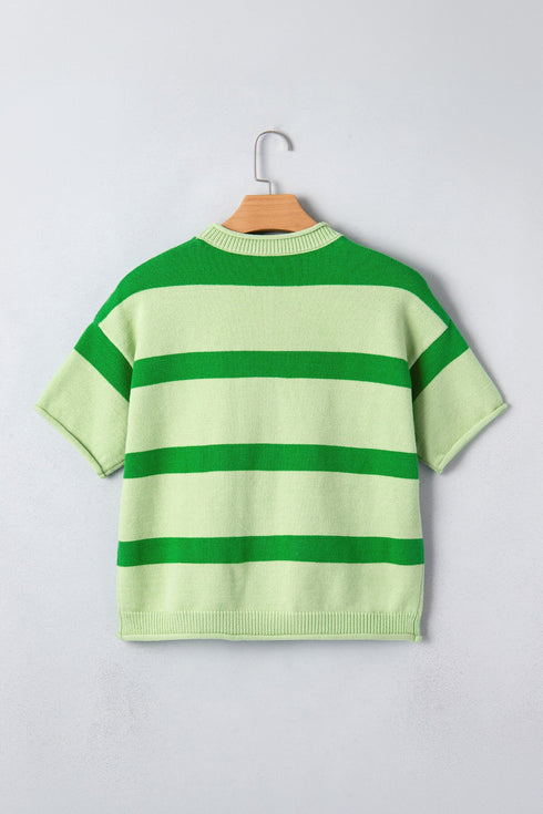 Striped Letter Print Featured Graphic Knit Short Sleeve Sweater