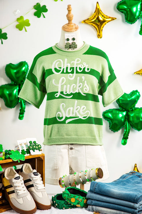 Striped Letter Print Featured Graphic Knit Short Sleeve Sweater