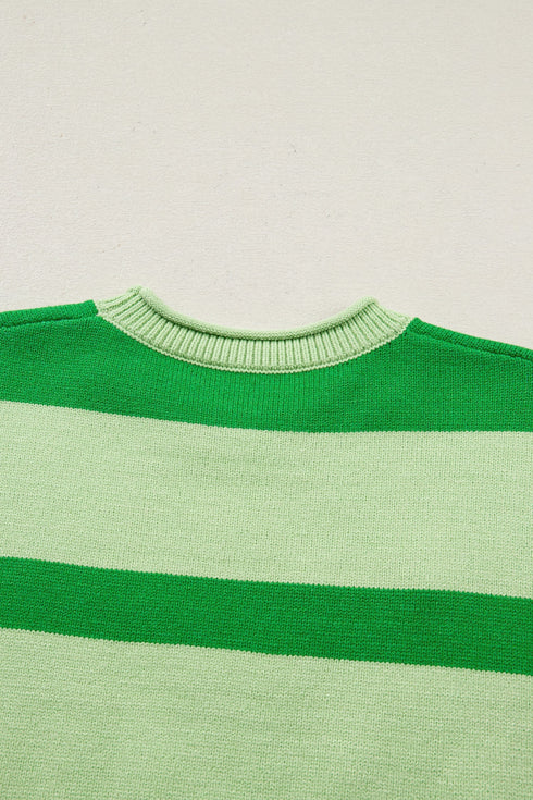 Striped Letter Print Featured Graphic Knit Short Sleeve Sweater