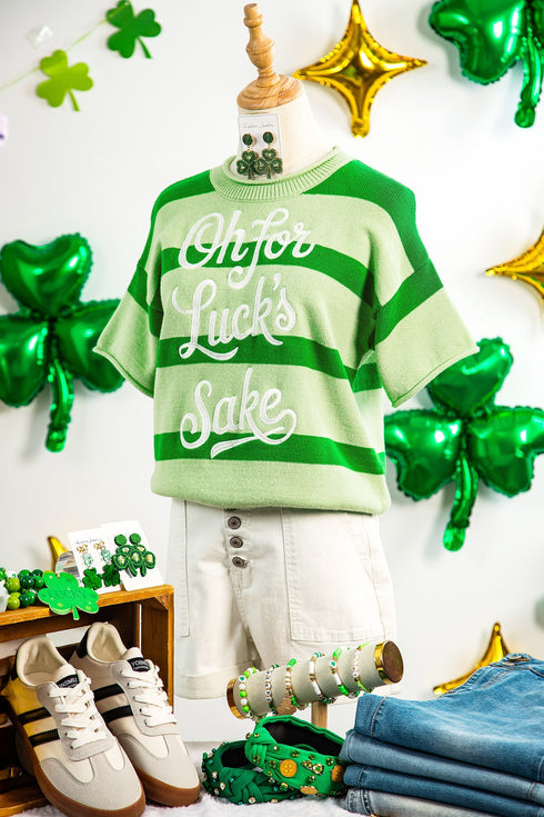 Striped Letter Print Featured Graphic Knit Short Sleeve Sweater