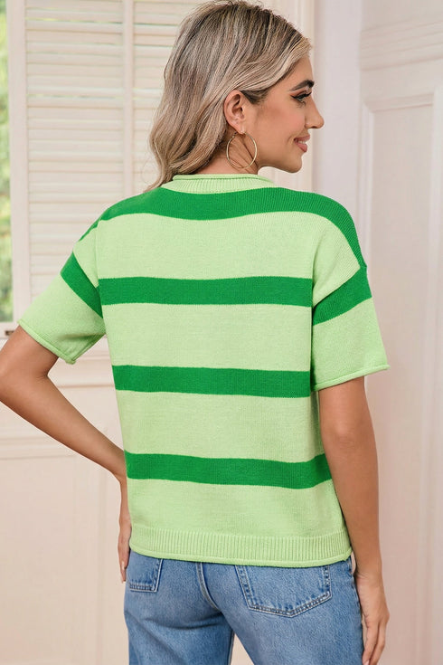 Striped Letter Print Featured Graphic Knit Short Sleeve Sweater