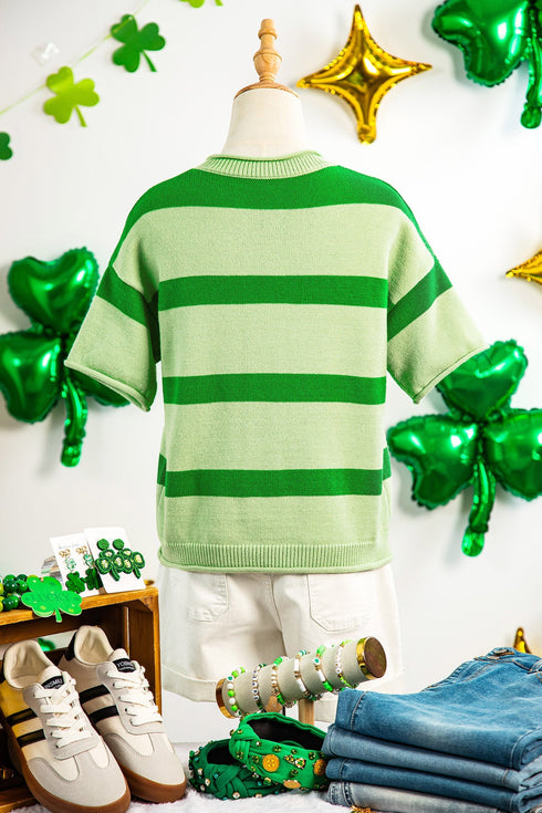 Striped Letter Print Featured Graphic Knit Short Sleeve Sweater