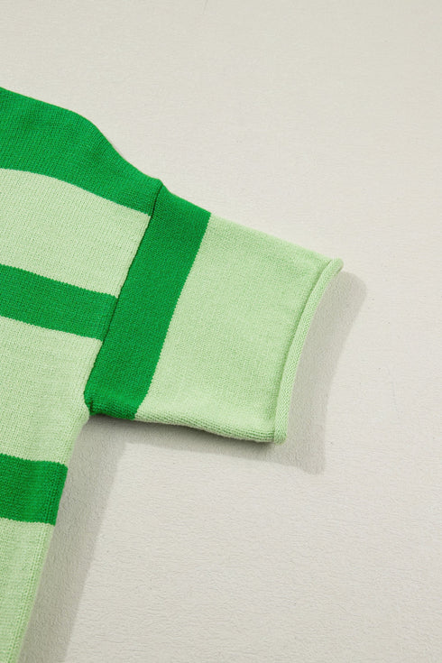 Striped Letter Print Featured Graphic Knit Short Sleeve Sweater
