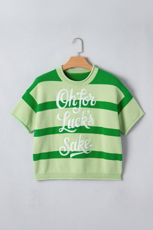 Striped Letter Print Featured Graphic Knit Short Sleeve Sweater