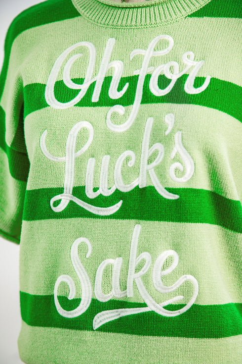 Striped Letter Print Featured Graphic Knit Short Sleeve Sweater
