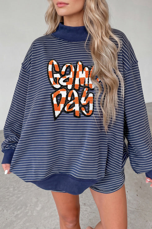 Striped Letter Print Long Sleeve Graphic Short Set