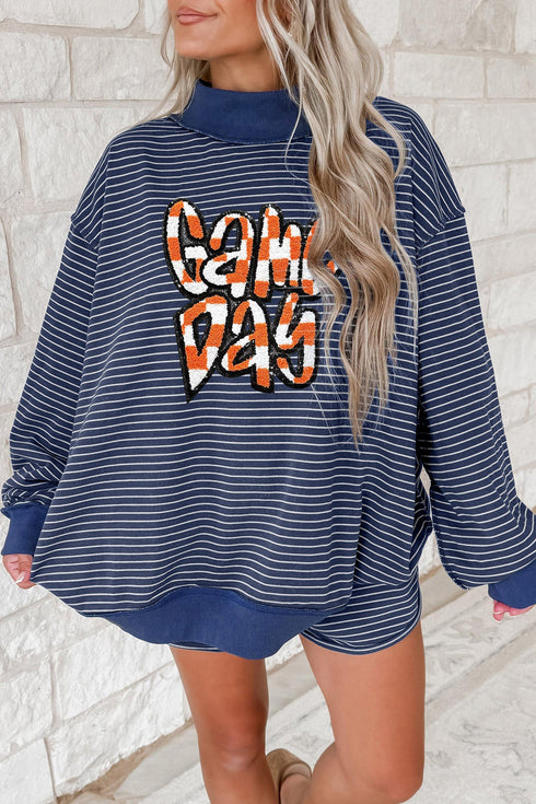 Striped Letter Print Long Sleeve Graphic Short Set