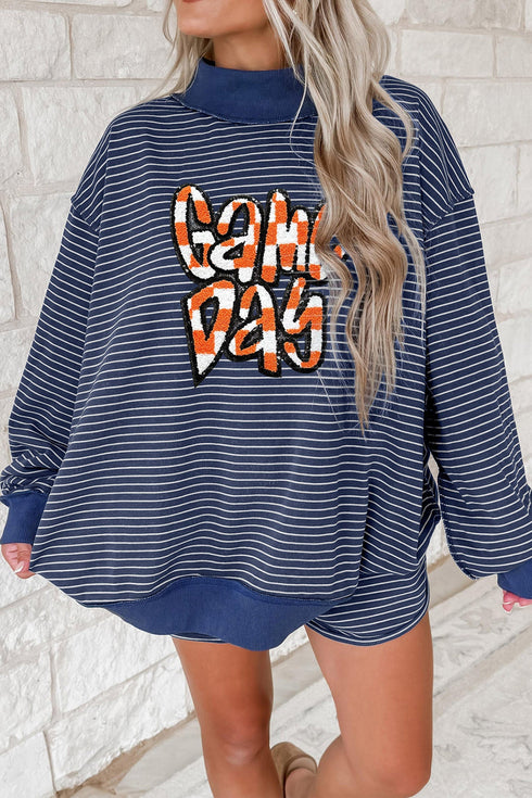 Striped Letter Print Long Sleeve Graphic Short Set