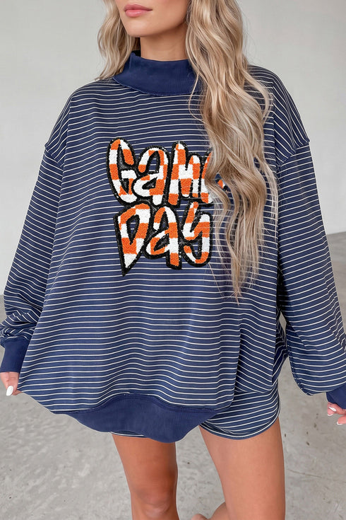 Striped Letter Print Long Sleeve Graphic Short Set