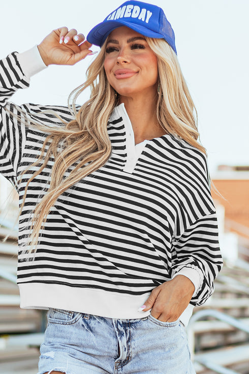Striped Long Sleeve Button Collared Knit Pullover