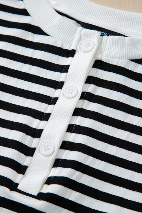 Striped Long Sleeve Button Collared Knit Pullover