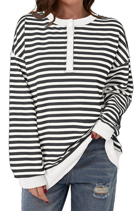 Striped Long Sleeve Button Collared Knit Pullover