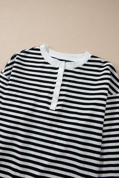 Striped Long Sleeve Button Collared Knit Pullover