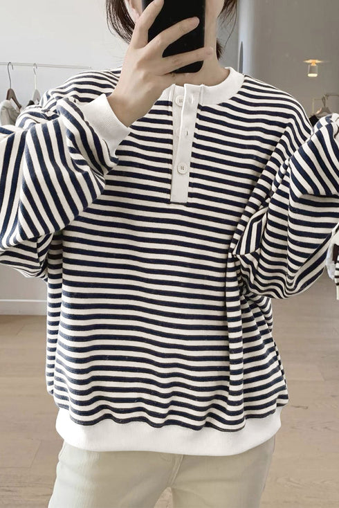 Striped Long Sleeve Button Collared Knit Pullover