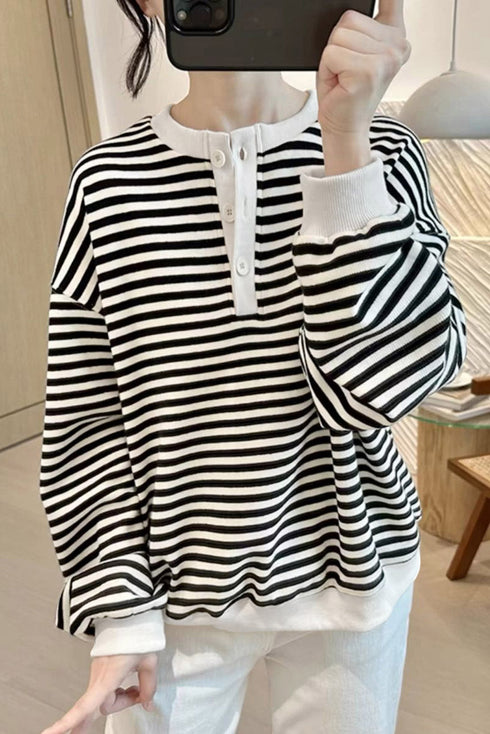Striped Long Sleeve Button Collared Knit Pullover