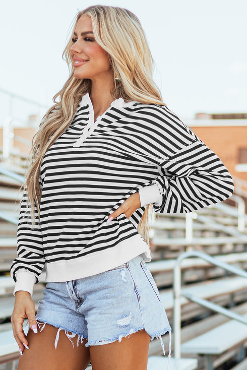 Striped Long Sleeve Button Collared Knit Pullover