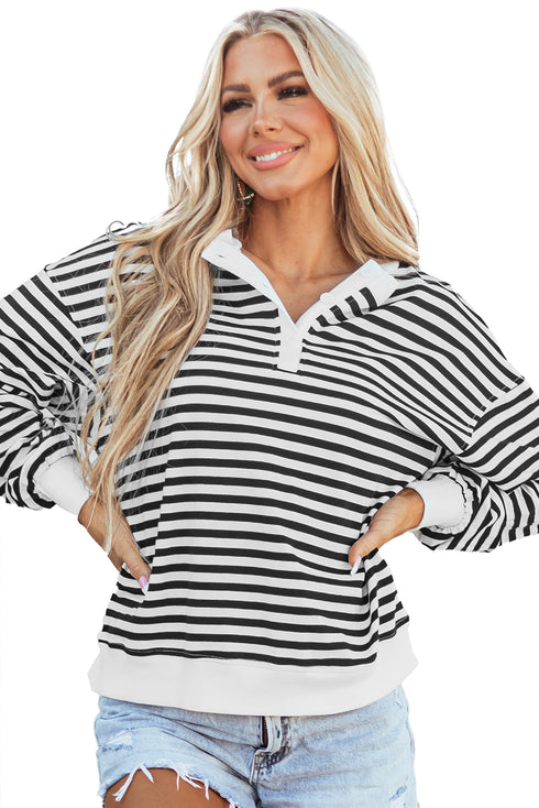 Striped Long Sleeve Button Collared Knit Pullover