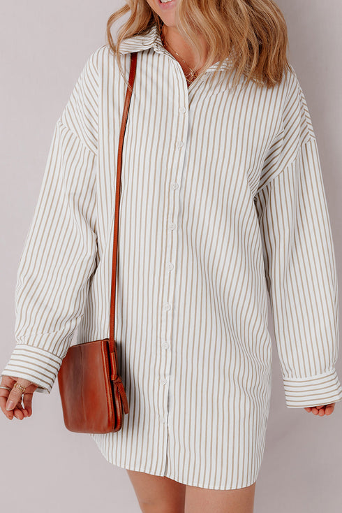 Striped Long Sleeve Button Down Shirt Mini Dress