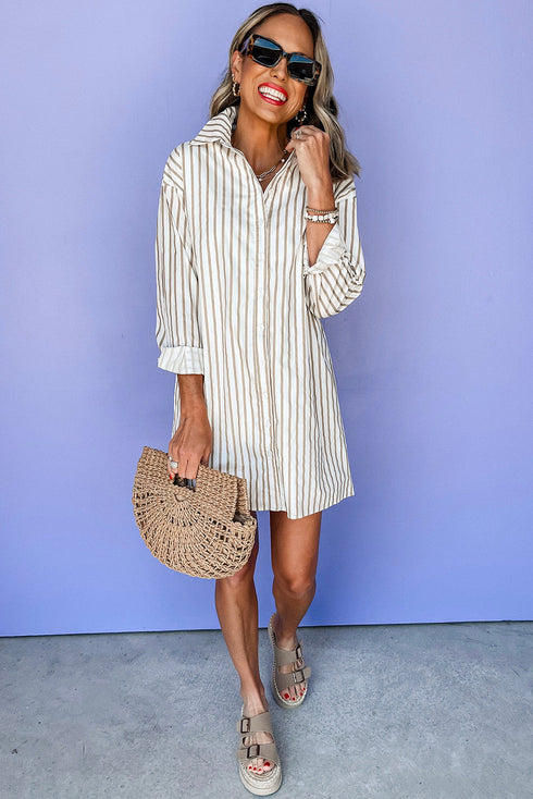 Striped Long Sleeve Button Down Shirt Mini Dress