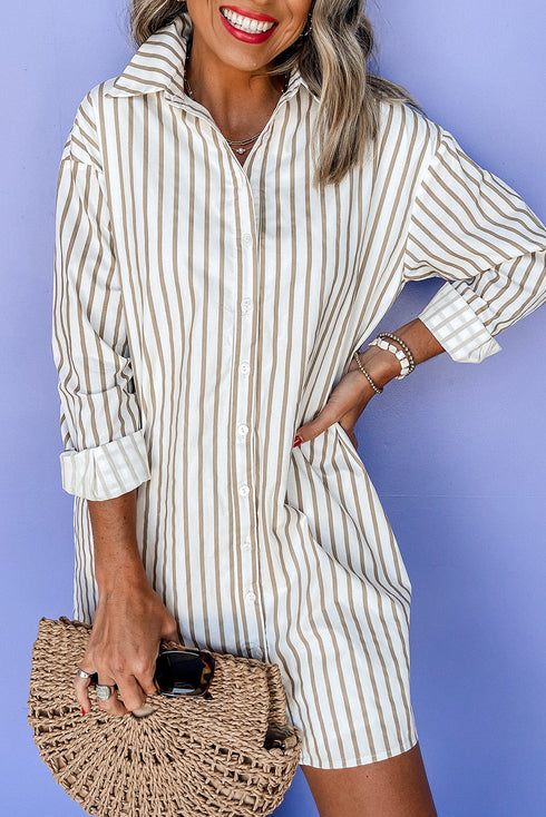 Striped Long Sleeve Button Down Shirt Mini Dress