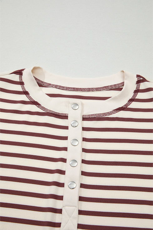 Striped Long Sleeve Button Front Relaxed Fit Henley Top