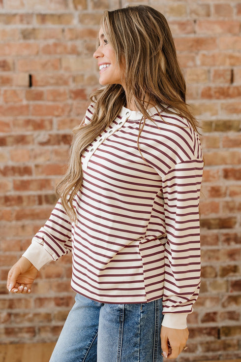 Striped Long Sleeve Button Front Relaxed Fit Henley Top