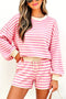 Striped Long Sleeve Crew Neck Drawstring Waist Short Set