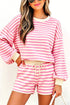 Striped Long Sleeve Crew Neck Drawstring Waist Short Set