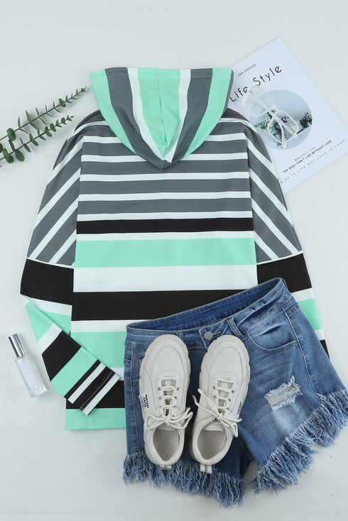 Striped Long Sleeve Drawstring Relaxed Fit Hoodie