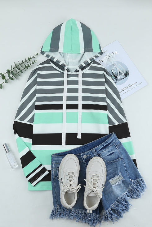 Striped Long Sleeve Drawstring Relaxed Fit Hoodie
