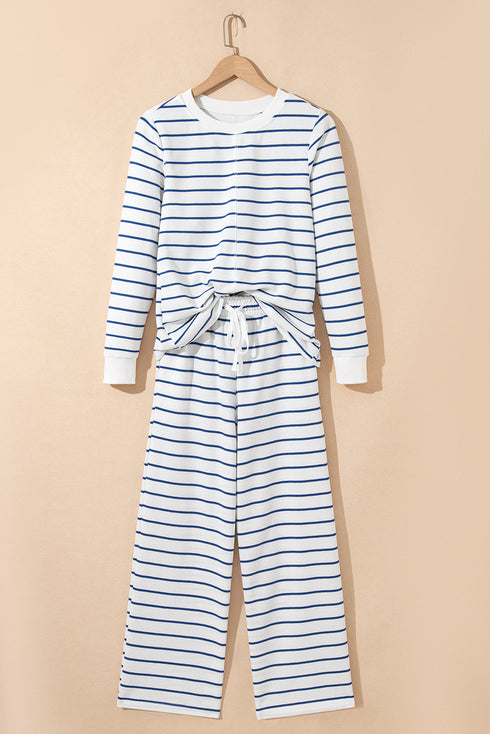 Striped Long Sleeve Drawstring Wide Leg Pant Set