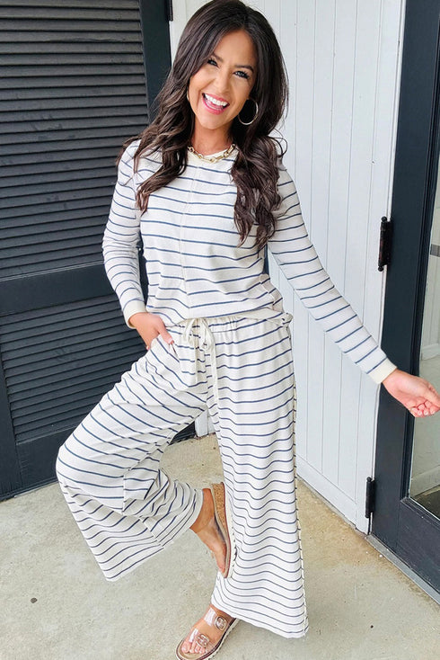 Striped Long Sleeve Drawstring Wide Leg Pant Set