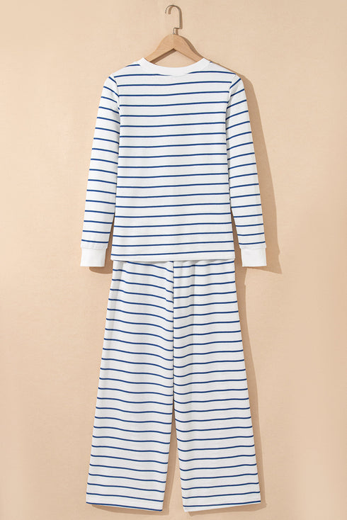 Striped Long Sleeve Drawstring Wide Leg Pant Set